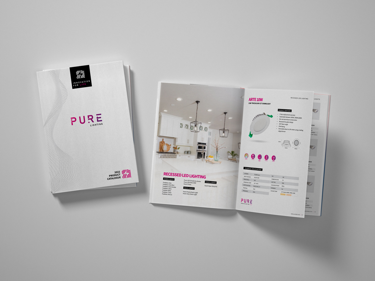PURE Lighting Catalog, Rebranding, Graphic Design, Ninetyblack